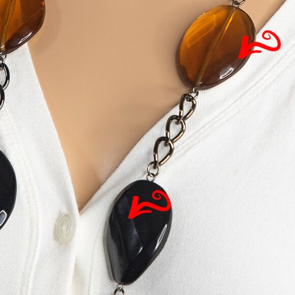 Brown/Amber Black And Spotted Large‎ Beads On A Dark Chain Necklace - Picture 7 of 10